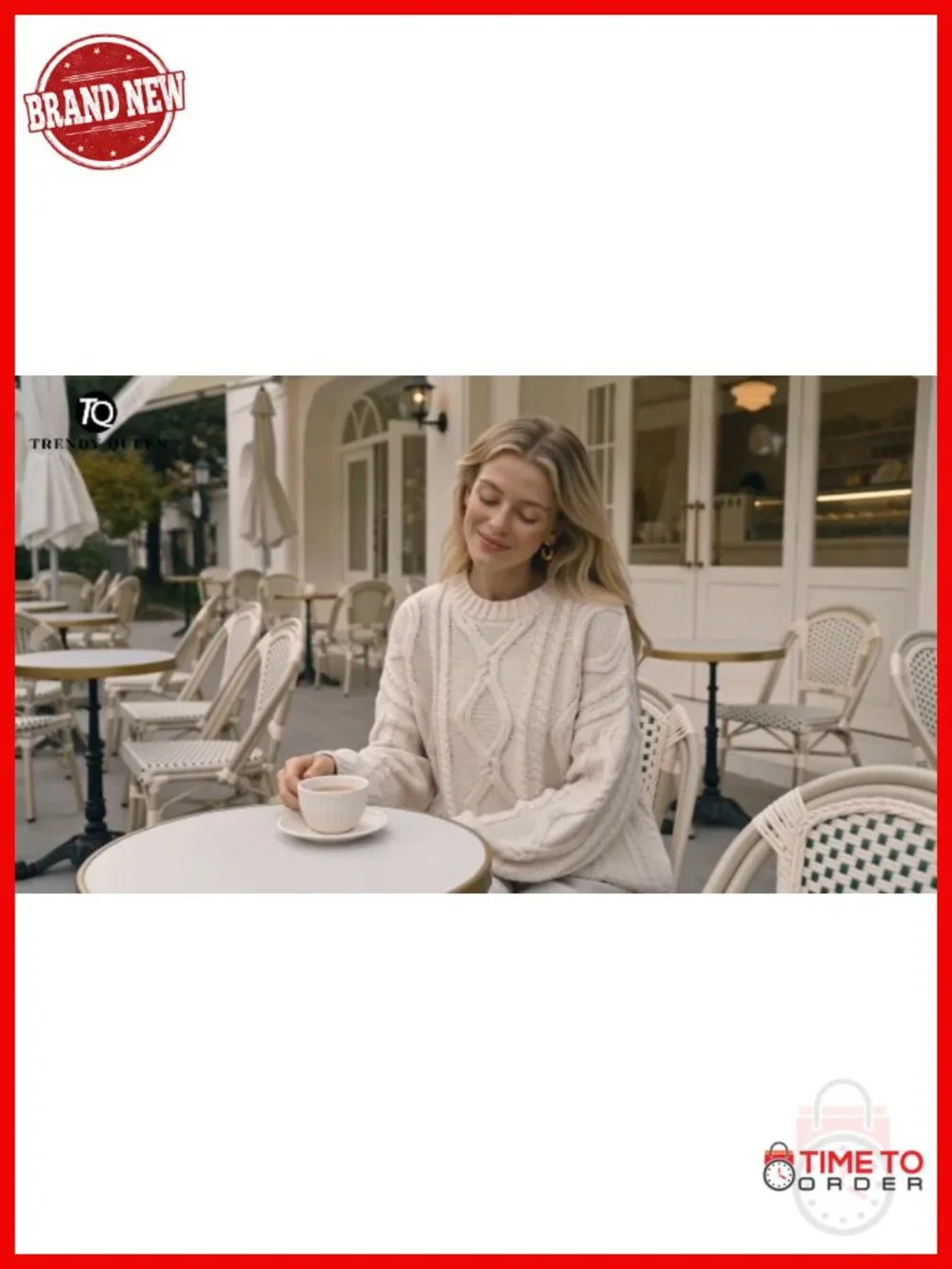 Oversized Cable Knit Crewneck Sweater - Cotton Blend